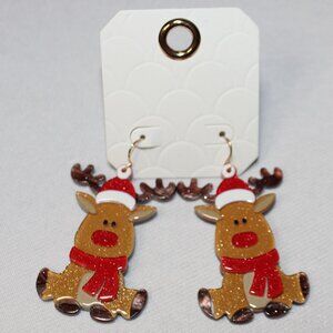 Holiday Reindeer Dangle Sparkle Acrylic Earrings
